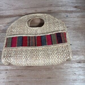 Vintage Woven Straw Tote Bag Multi Color Stripe Boho Summer Handbag Tan